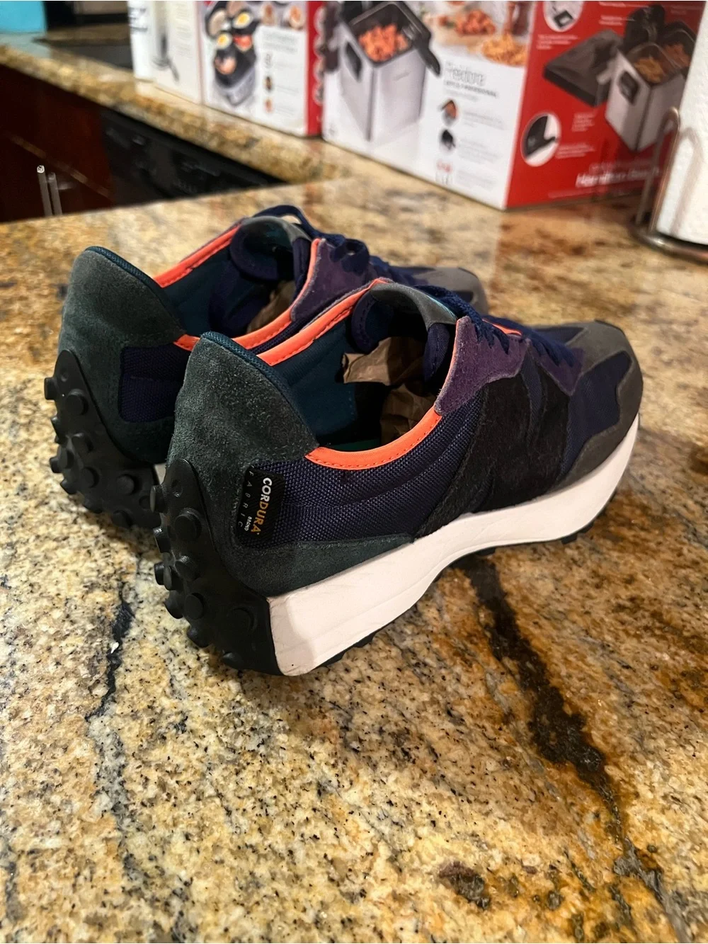 New Balance navy, gray & black sneakers with coral trim